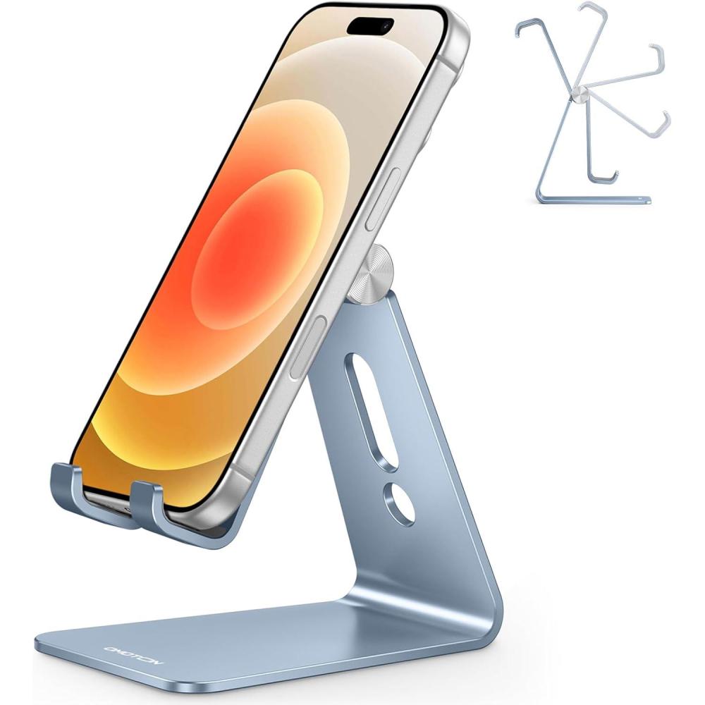 imageOMOTON Adjustable Cell Phone Stand C2 Aluminum Desktop Phone Holder Dock Compatible with iPhone 15 14 13 Xs XR 8 Plus 7 6 Samsung Galaxy Google Pixel Android Phones BlackLight Blue