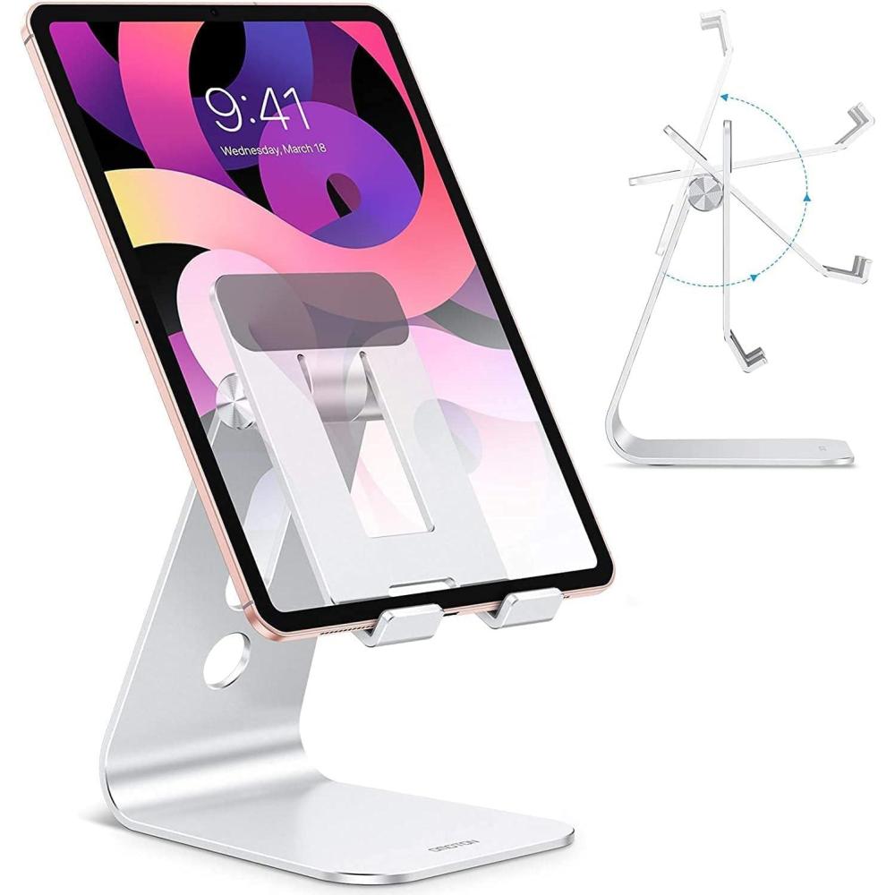imageOMOTON Adjustable Tablet Stand for Desk Upgraded Longer Arms for Greater Stability T2 Tablet Holder with Hollow Design for Bigger Sized Phones and Tablets Such as iPad ProAirMini SilverSilver