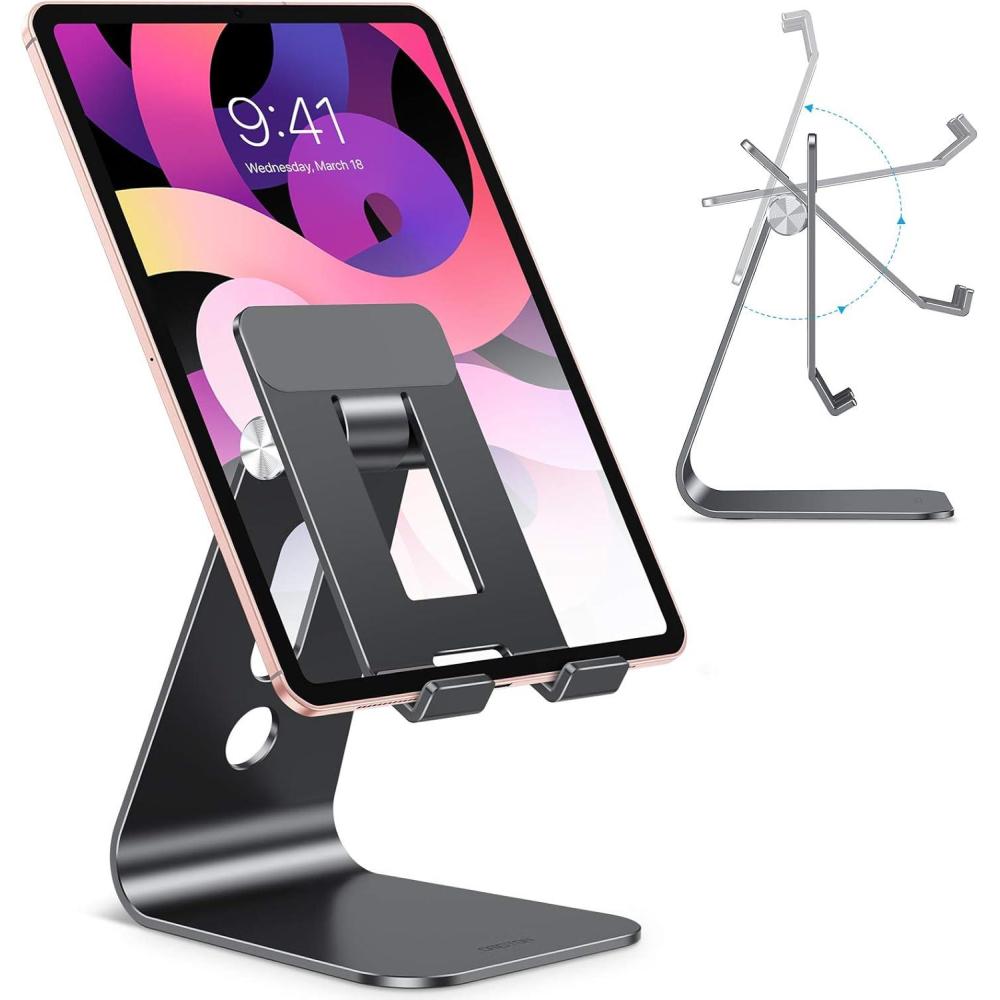 imageOMOTON Adjustable Tablet Stand for Desk Upgraded Longer Arms for Greater Stability T2 Tablet Holder with Hollow Design for Bigger Sized Phones and Tablets Such as iPad ProAirMini SilverBlack