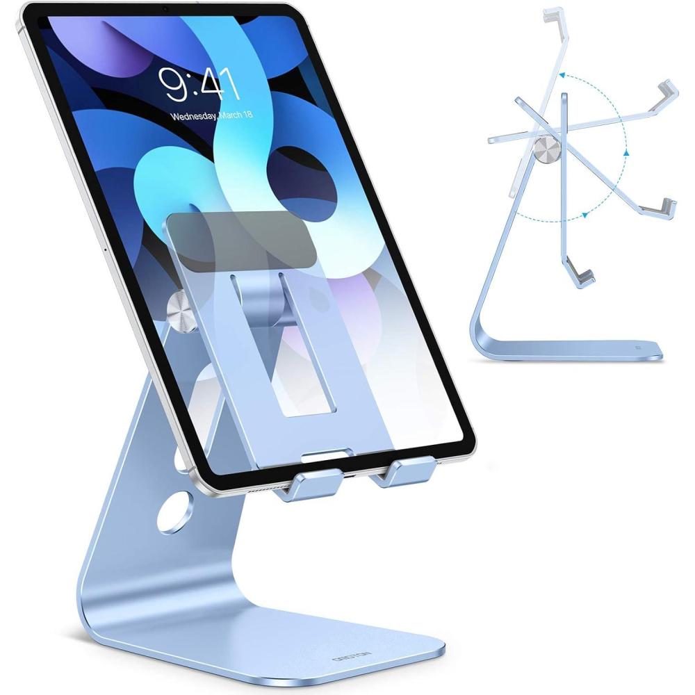 imageOMOTON Adjustable Tablet Stand for Desk Upgraded Longer Arms for Greater Stability T2 Tablet Holder with Hollow Design for Bigger Sized Phones and Tablets Such as iPad ProAirMini SilverBlue