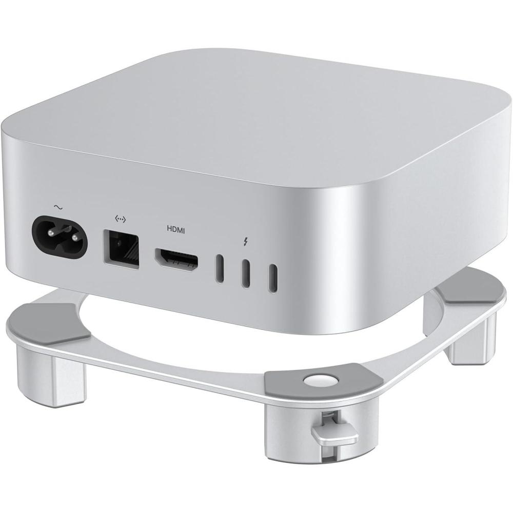 imageOMOTON Aluminum Stand for Mac mini M4 and M4 Pro Cooling Desktop Holder Mount Convenient Access to Power Button Durable and Sturdy Design Silver