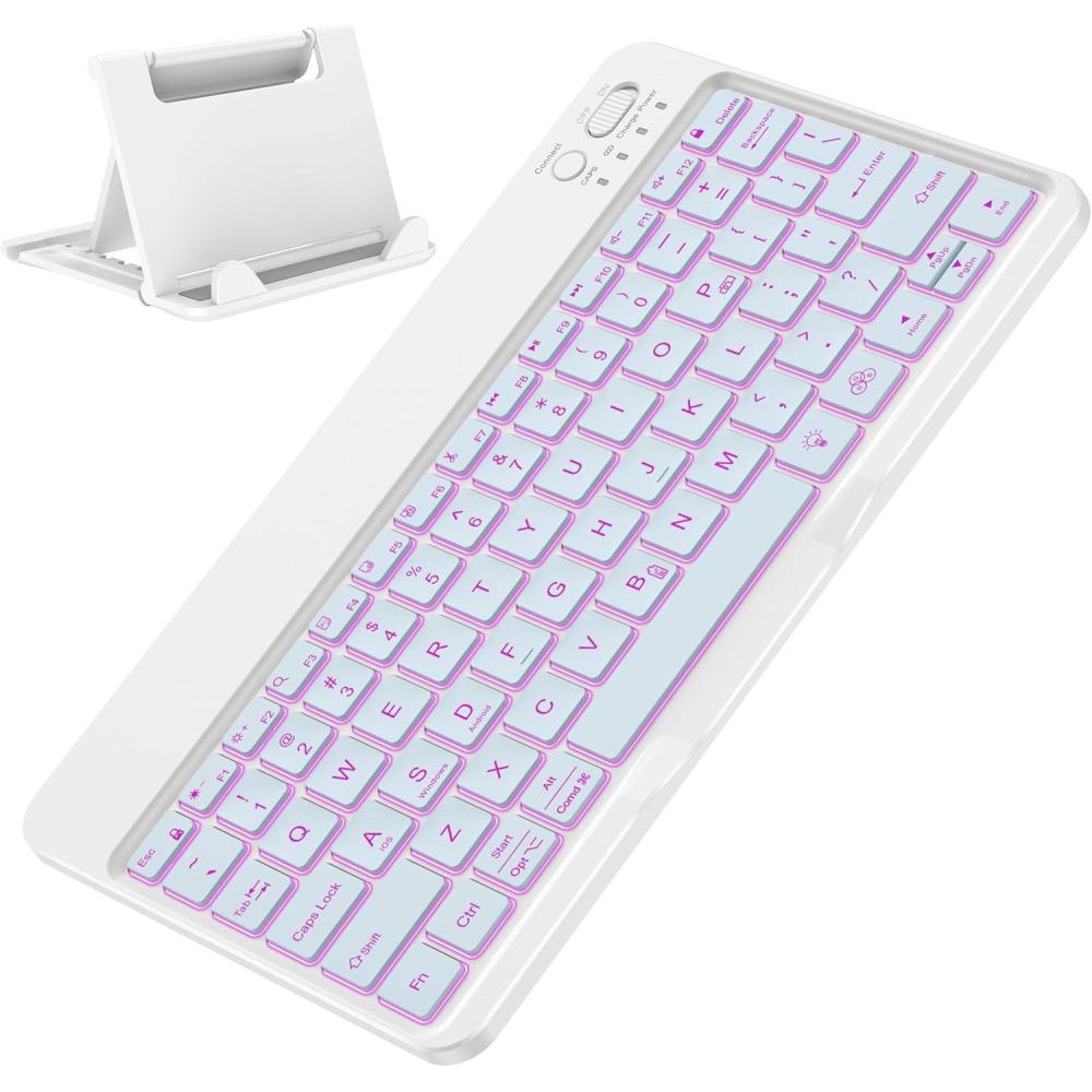 imageOMOTON Bluetooth Keyboard for TabletAndroidWindowsiOS with 7 Colors Backlight Rechargeable Wireless Keyboard Compatible with Galaxy Tab A9A9 PlusS9S9 PlusS9 FE WhiteBlue