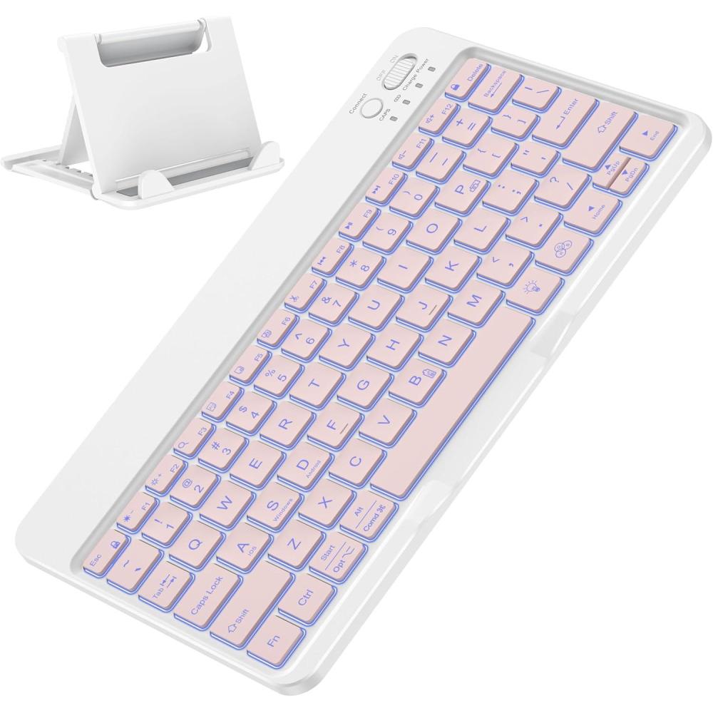 imageOMOTON Bluetooth Keyboard for TabletAndroidWindowsiOS with 7 Colors Backlight Rechargeable Wireless Keyboard Compatible with Galaxy Tab A9A9 PlusS9S9 PlusS9 FE WhitePink