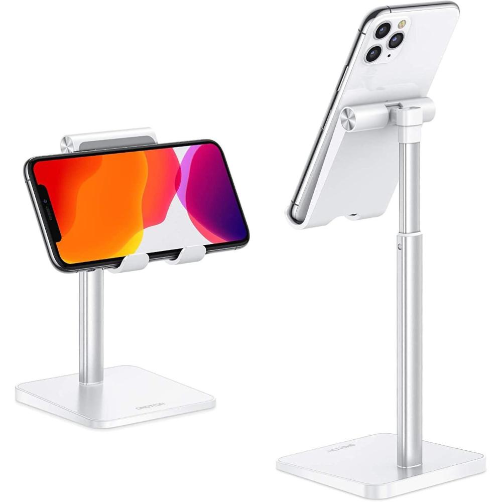 imageOMOTON Cell Phone Stand Adjustable Angle Height Desk Phone Dock Holder for iPhone Air 1717 ProXS MaxXR Samsung Galaxy S20  S10  S9  S8 and Other Phones 3570Inch BlackSilver