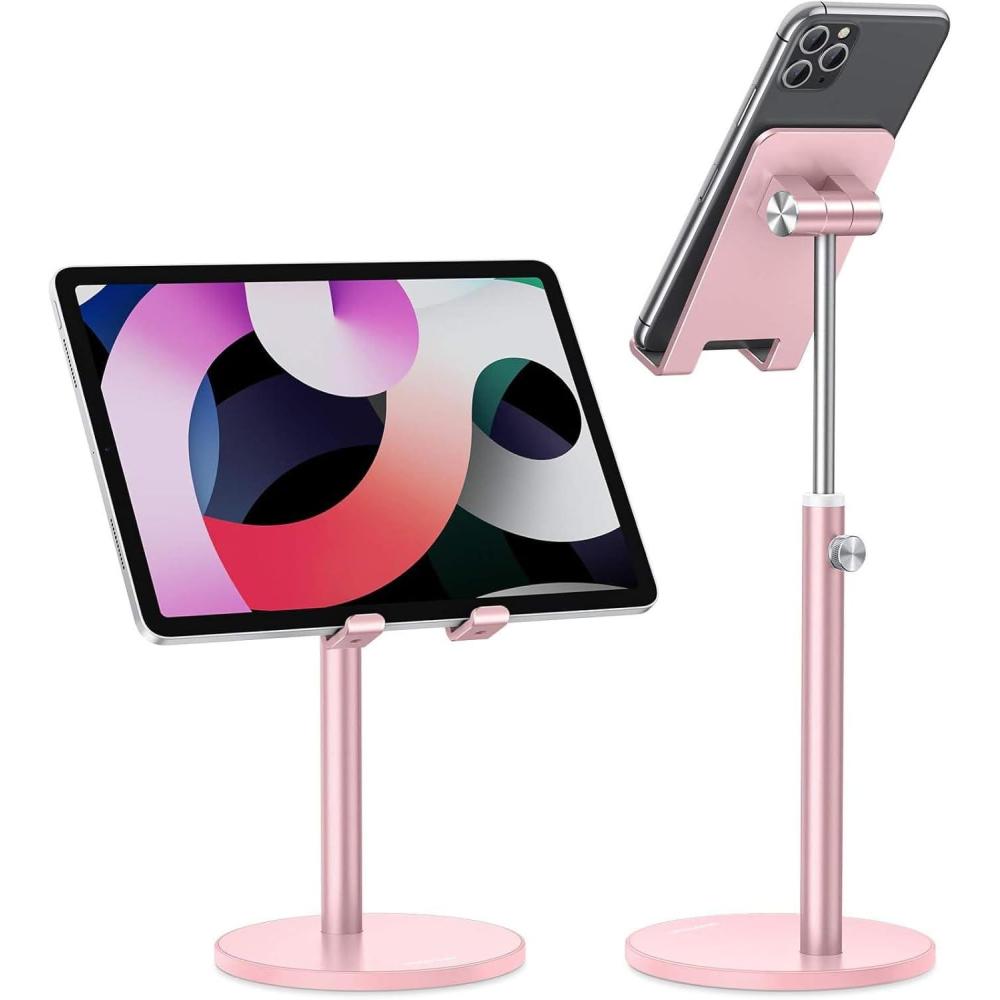 imageOMOTON Cell Phone Stand Angle Height Adjustable Phone Stand Aluminum Desktop Phone Holder Dock Stand for Desk Compatible with iPhone 17 Pro Max All Smartphones and Tablets411Goldrose gold