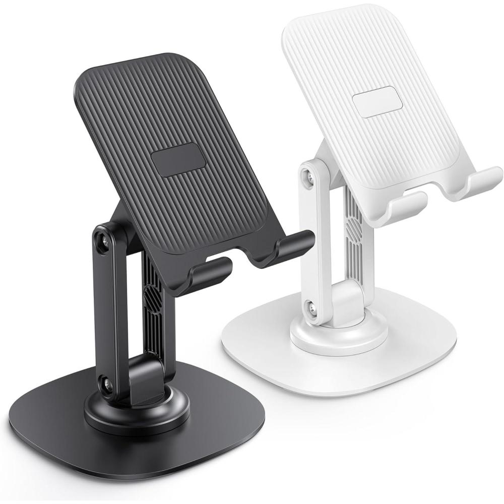 imageOMOTON Cell Phone Stand for Desk 2 Pack Adjustable Foldable Phone Holder 360 Swivel Mobile Stand Fit for iPhone 17 16 15 14 13 Pro Max and All Smart Phones Black ampamp WhiteBlack  White