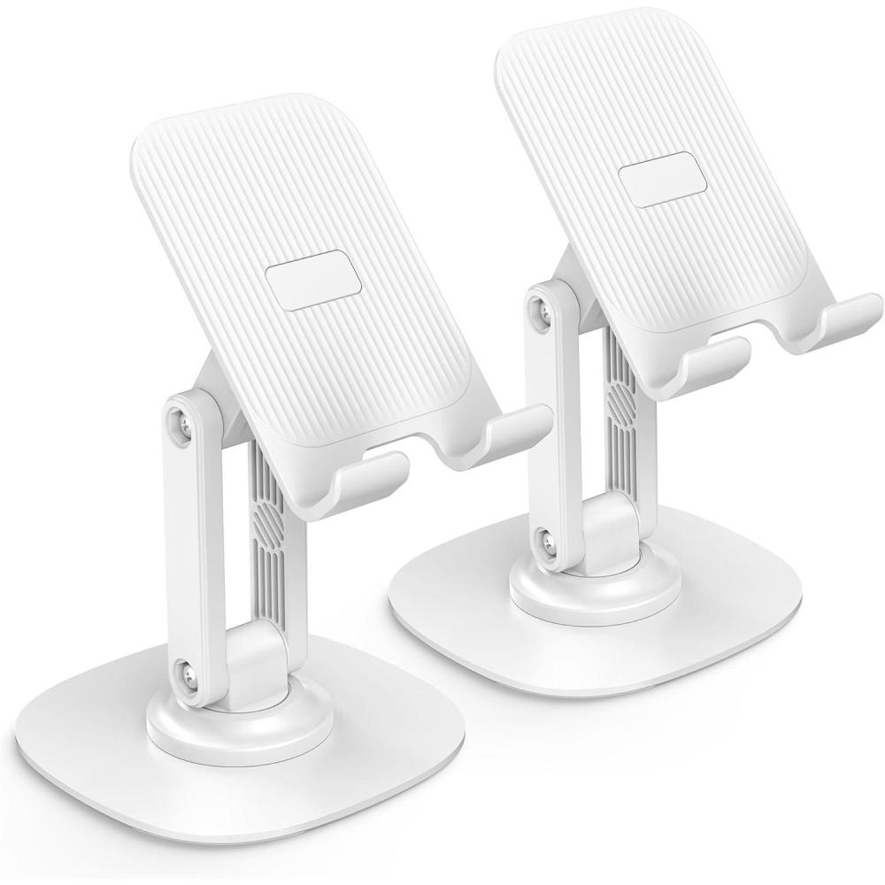 imageOMOTON Cell Phone Stand for Desk 2 Pack Adjustable Foldable Phone Holder 360 Swivel Mobile Stand Fit for iPhone 17 16 15 14 13 Pro Max and All Smart Phones Black ampamp WhiteWhite White