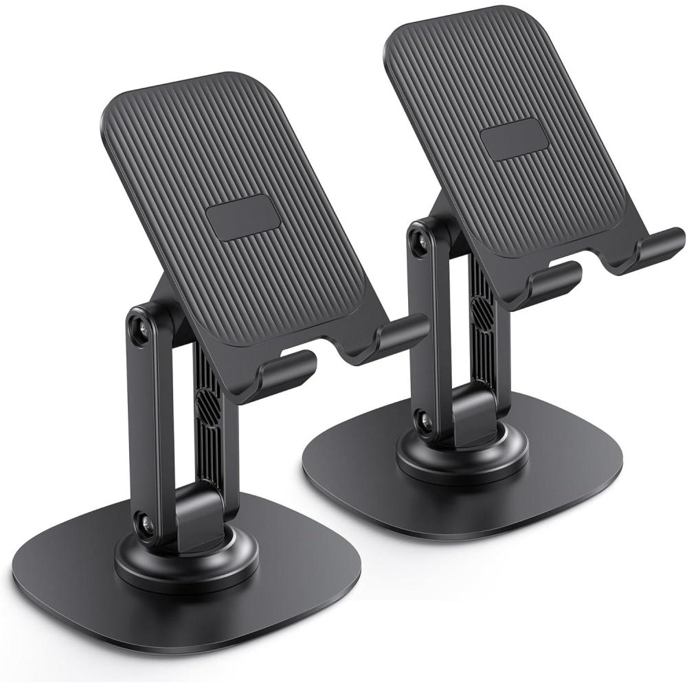 imageOMOTON Cell Phone Stand for Desk 2 Pack Adjustable Foldable Phone Holder 360 Swivel Mobile Stand Fit for iPhone 17 16 15 14 13 Pro Max and All Smart Phones Black ampamp WhiteBlack  Black