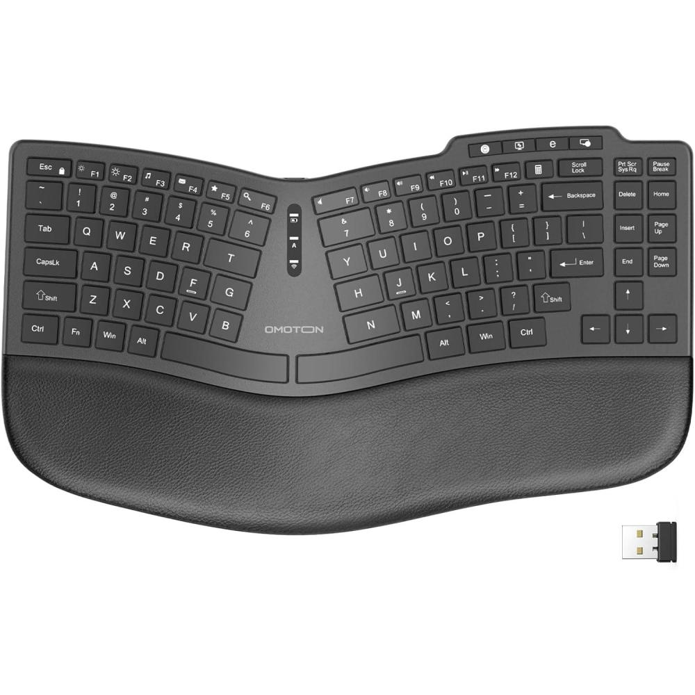 imageOMOTON Ergonomic Wireless Keyboard Cushioned Wrist Rest Rechargeable USB Connectivity Split Natural Typing 24G Membrane Silent Keyboard for WindowsPC Dark Black