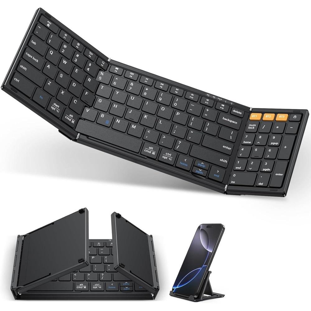imageOMOTON Foldable Bluetooth Keyboard Supports Up to 3 Devices Rechargeable Wireless for iPad iOS Android Tablet MacOS Windows Laptop PC Full Size Folding Travel KeyboardBlackUS Layout