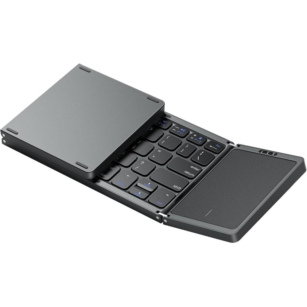 imageOMOTON Foldable Bluetooth Keyboard with Touchpad Wireless Folding Keyboard MultiDevice and Rechargeable Portable for iPad iPhone Android Windows Laptop Desktop Tablet and PC Grey