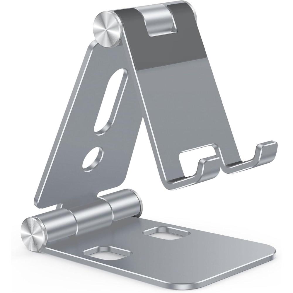 imageOMOTON Foldable Cell Phone Stand C4 Portable Aluminum Phone Holder Adjustable Phone Dock Cradle Compatible with iPhone 171615 Pro Max Air Samsung Galaxy Small Tablets All Smart Phones SilverGrey