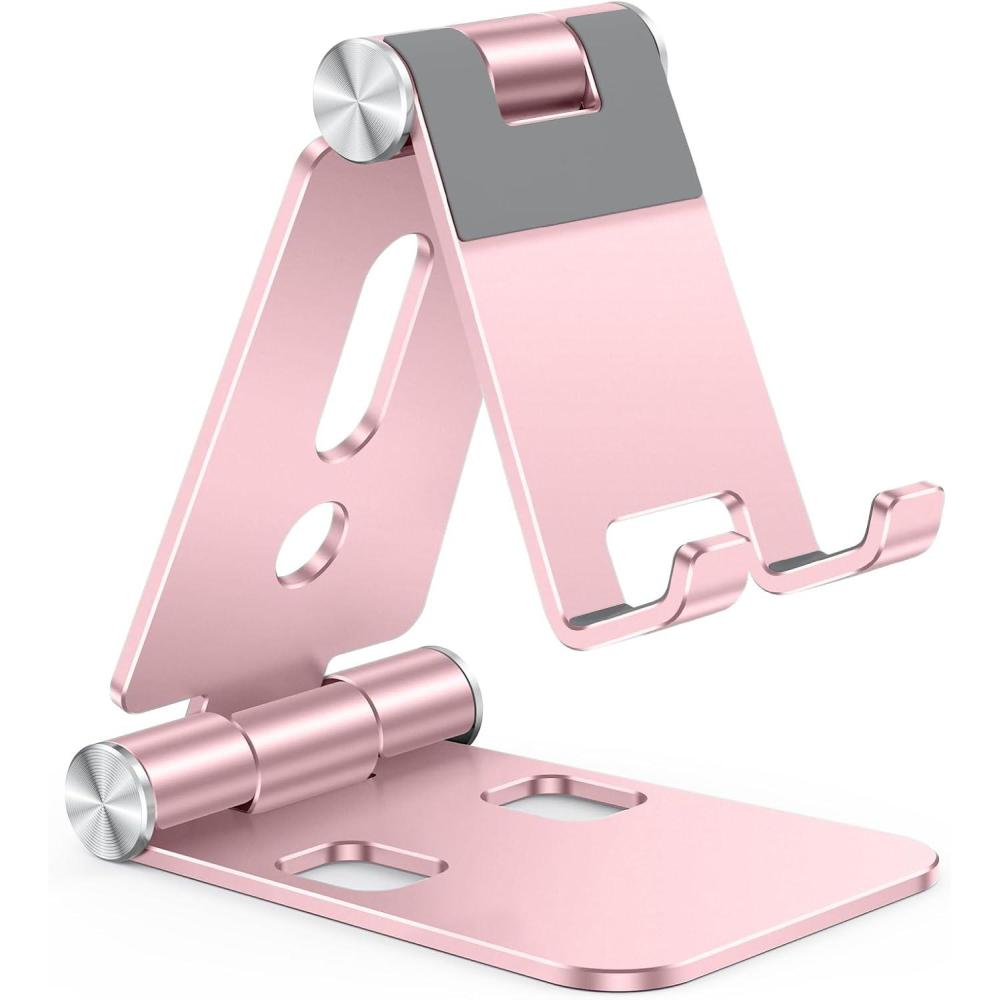imageOMOTON Foldable Cell Phone Stand C4 Portable Aluminum Phone Holder Adjustable Phone Dock Cradle Compatible with iPhone 171615 Pro Max Air Samsung Galaxy Small Tablets All Smart Phones SilverRose Gold