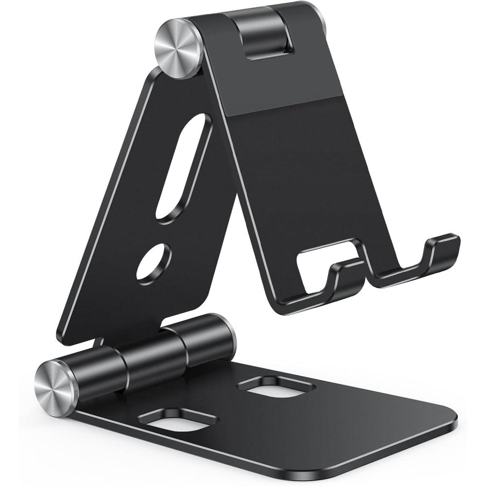 imageOMOTON Foldable Cell Phone Stand C4 Portable Aluminum Phone Holder Adjustable Phone Dock Cradle Compatible with iPhone 171615 Pro Max Air Samsung Galaxy Small Tablets All Smart Phones SilverBlack