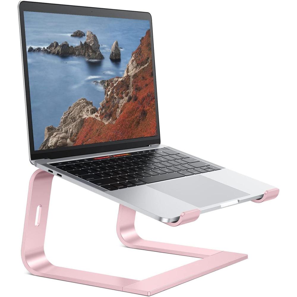 imageOMOTON Laptop Stand Detachable Laptop Mount Aluminum Laptop Holder Stand for Desk Compatible with MacBook AirPro Dell HP Lenovo and All Laptops 1116 inch SilverRosegold