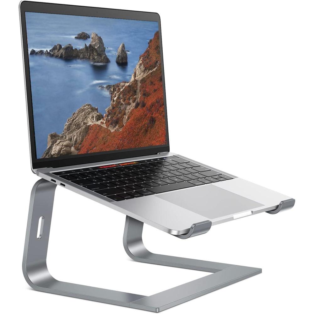 imageOMOTON Laptop Stand Detachable Laptop Mount Aluminum Laptop Holder Stand for Desk Compatible with MacBook AirPro Dell HP Lenovo and All Laptops 1116 inch SilverGrey