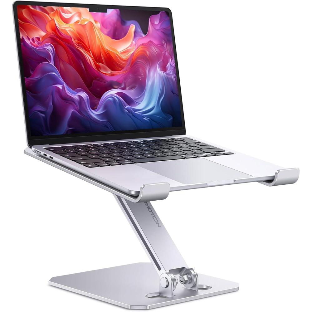 imageOMOTON Laptop Stand for Desk Ergonomic Adjustable Computer Stand Aluminum Portable Desktop Laptop Riser Holder for MacBook Air Pro Dell HP and All Tablets Up to 156quot Glossy SilverGlossy Silver