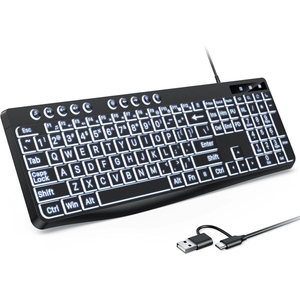 imageOMOTON Large Print Backlit Keyboard with TypeC and USB A Dual Interface Wired Computer Keyboard Oversize Font Key with White Backlight Easier to See and Type Full Size for Windows PC Laptop