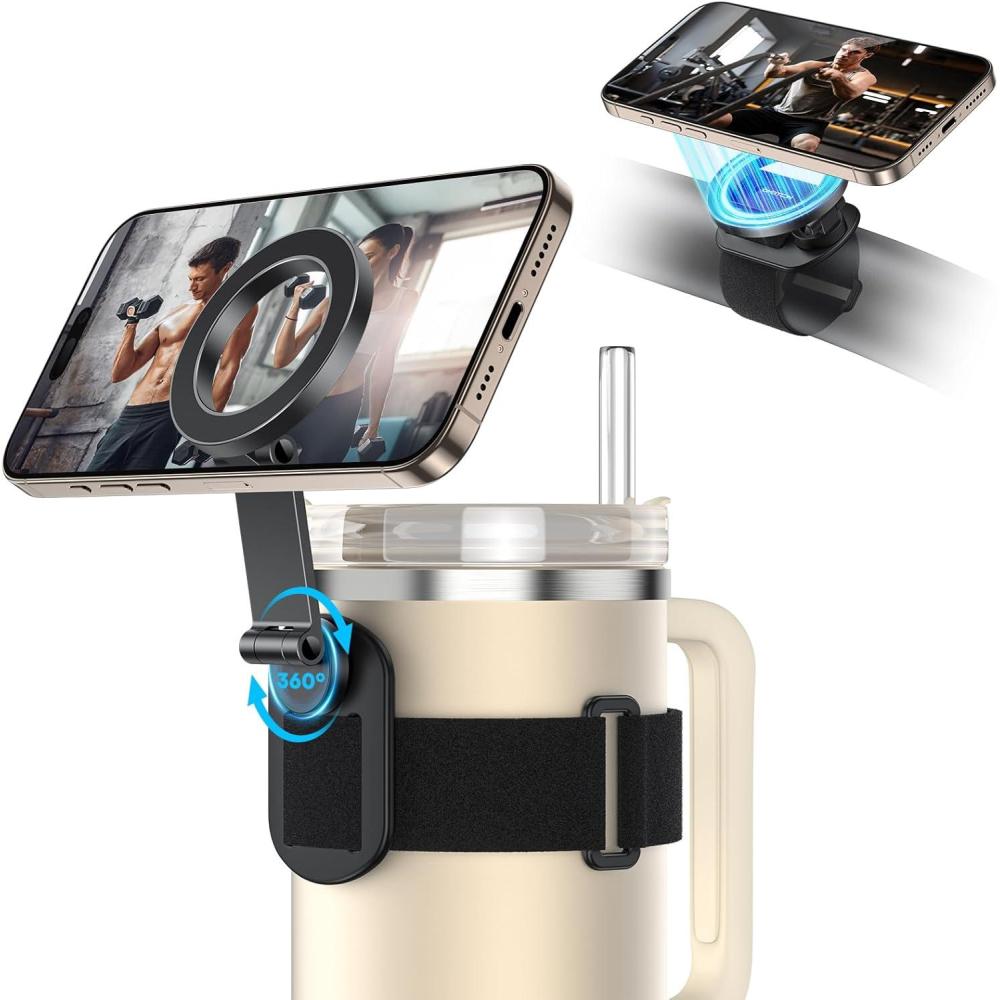 imageOMOTON Magnetic Phone Holder for Magsafe 360 Rotation with 2 Velcro Straps Strong Magnets Compatible with 30oz Stanley 1664 oz Bottle Gym Equipment Steering Wheel ampamp Stroller