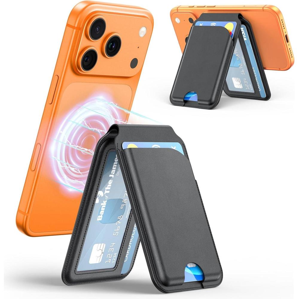 imageOMOTON Magnetic Wallet for iPhone 4 Card Holder Phone Wallet for Magsafe with Stand Premium Leather for iPhone 171615141312 Series Black