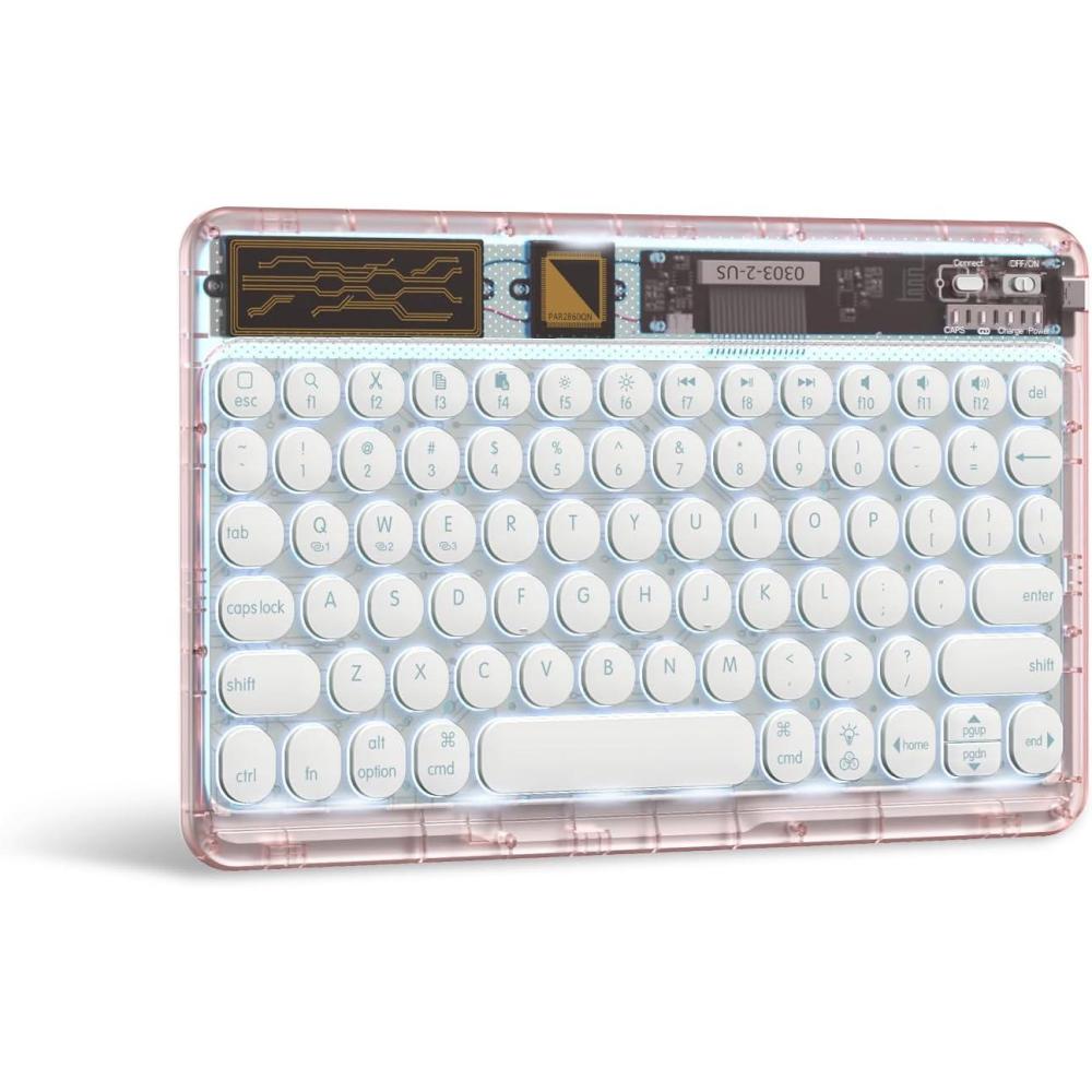 imageOMOTON MultiDevice Bluetooth Keyboard for iPad iPhone and Other Bluetooth Enabled Devices Compatible with iOS Android Windows EasySwitch up to 3 DevicesTransparent PinkPink