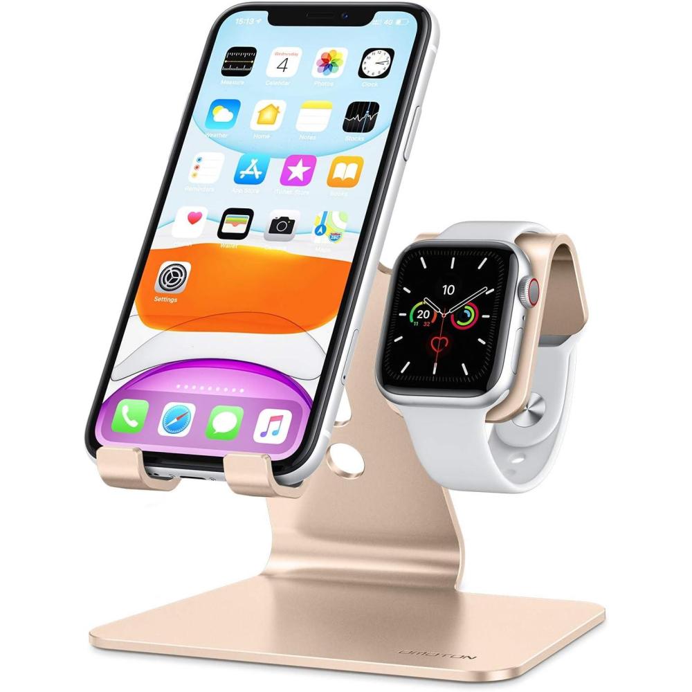 imageOMOTON Stand for Apple Watch 2 in 1 Universal Desktop Stand Holder Not Include Charger for All iPhone 15 14 13 12 and Apple Watch Series 98SE276SE5432 Both 384041424445mmBlackGold