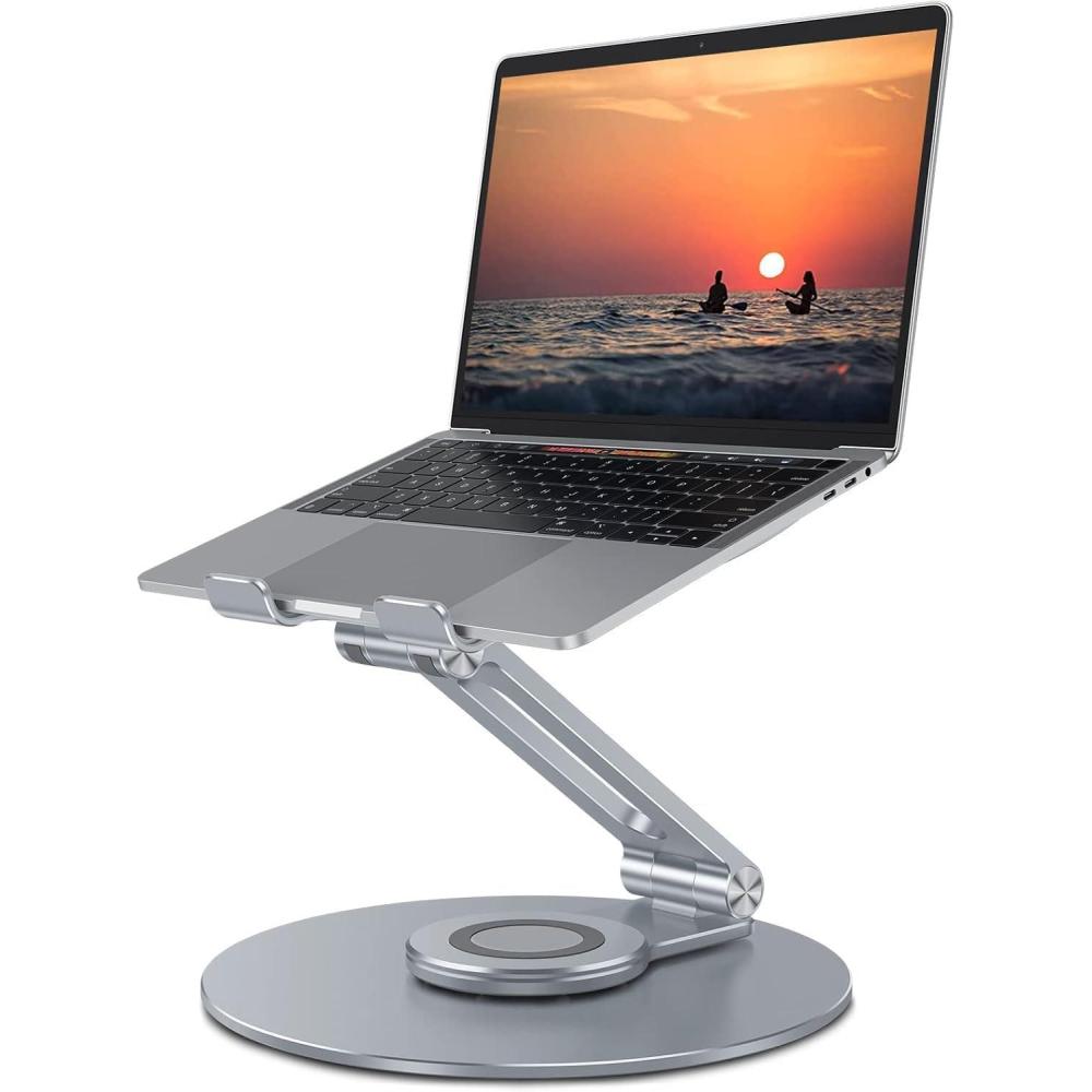 imageOMOTON Swivel Adjustable Laptop Stand 360 Rotating Laptop Riser for Collaborative Work Ergonomic Laptop Holder Compatible with MacBook ProAir More Notebooks 1116 inch SilverCoolGrey