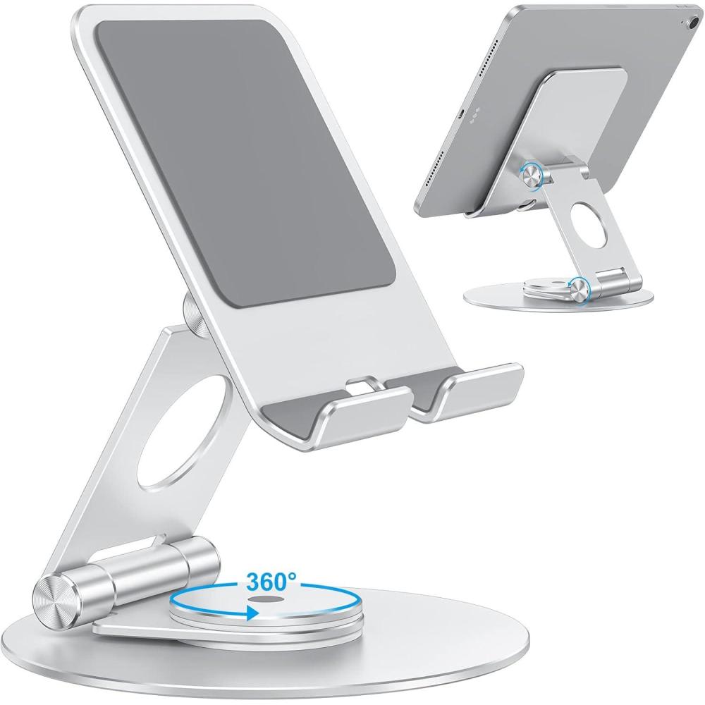 imageOMOTON Swivel Tablet Stand for iPad with 360 Rotating Base Foldable Adjustable Holder for Drawing Compatible with iPad ProAirMini and More SilverSilver