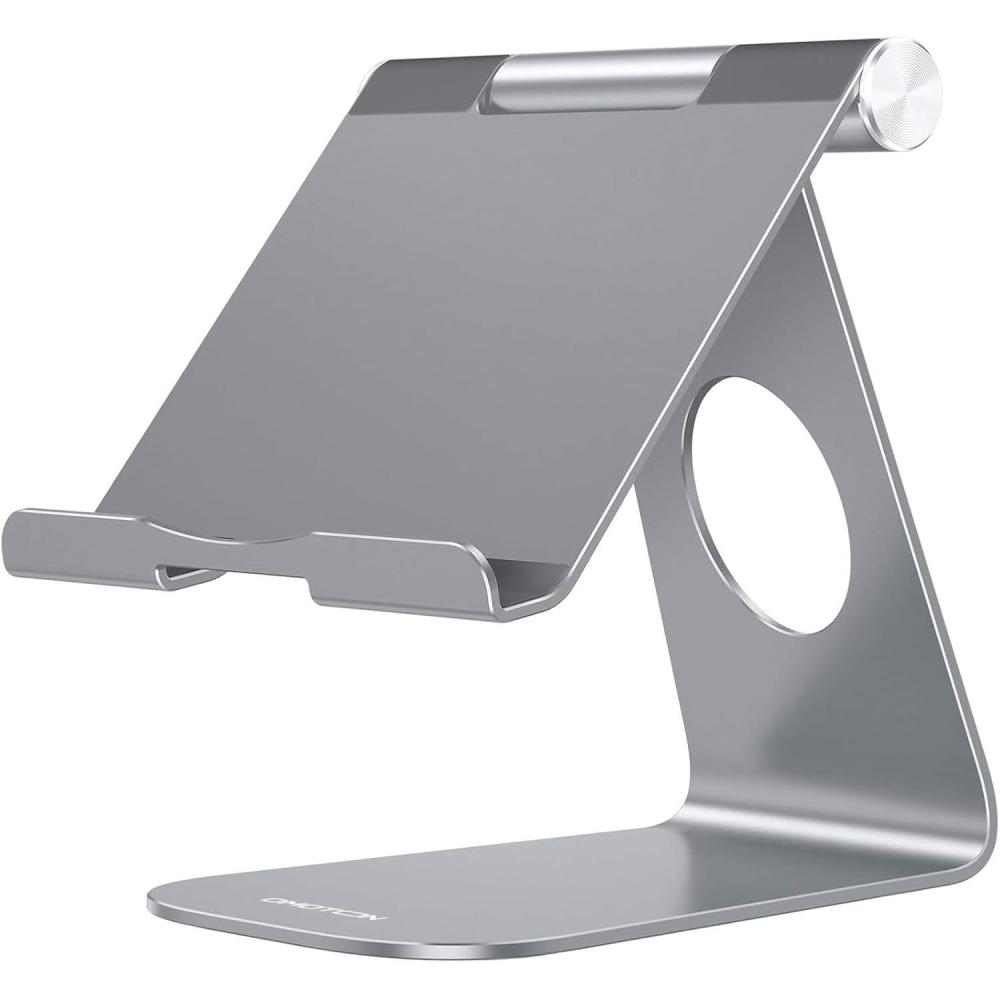 imageOMOTON Tablet Stand Holder Adjustable T1 Desktop Aluminum Tablet Dock Cradle Compatible with iPad AirMini iPad 10297 iPad Pro 1112913 Samsung Tab and More Up to 13 inch SilverGrey