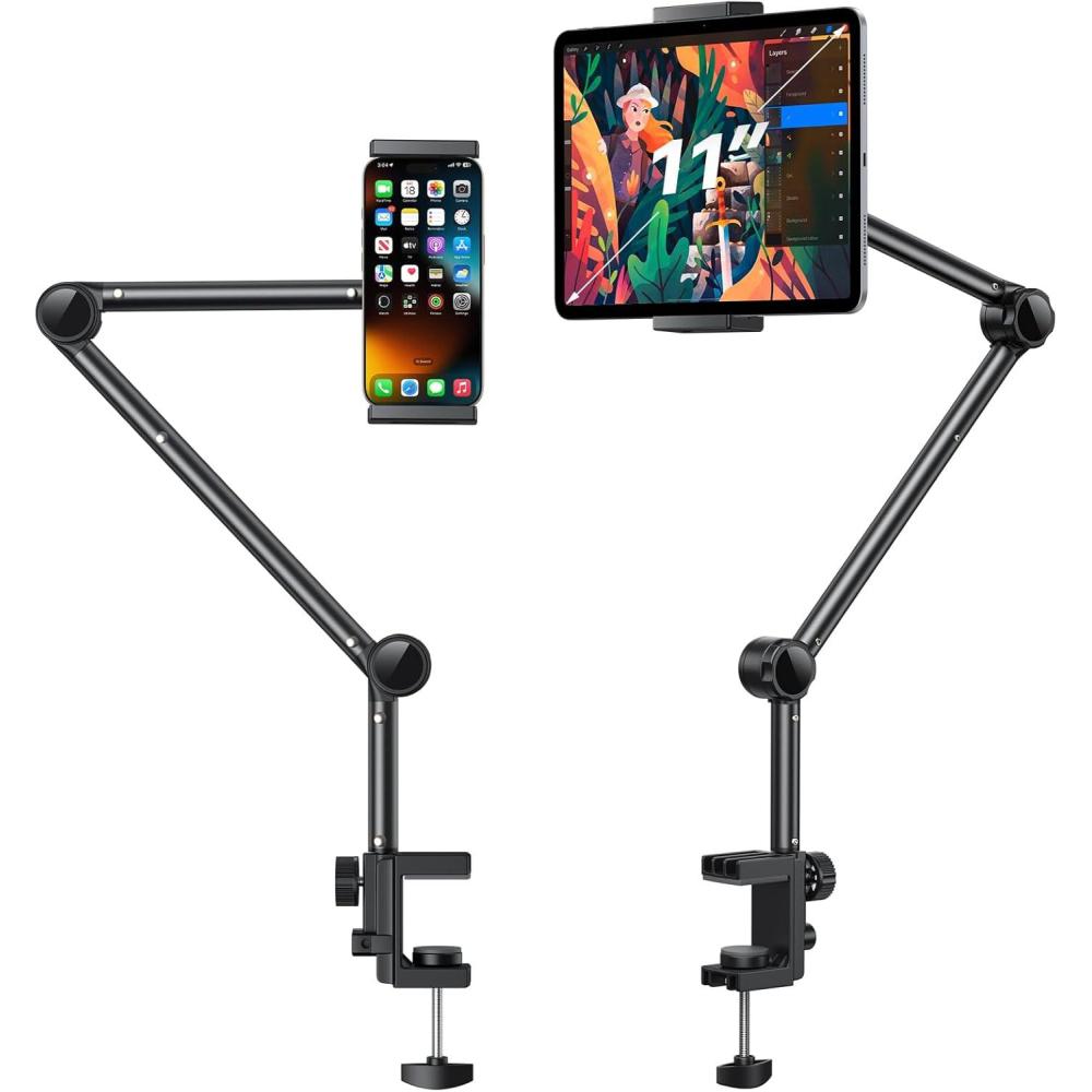 imageOMOTON Tablet Stand Mount for Desk Adjustable Phone Holder for Bed with Metal Arm Fits for 4711 Inches iPad Pro AirMini Kindle and Phones