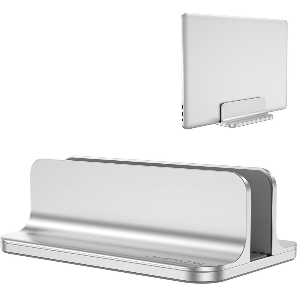 imageOMOTON Vertical Laptop Stand Holder Desktop Aluminum Stand for MacBook with Adjustable Dock Size Fits All MacBook Surface Chromebook and Gaming Laptops Up to 173 inchesBlackSilver
