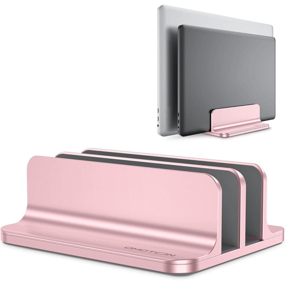 imageOMOTON Vertical Laptop Stand Updated Double Version Desktop Aluminum Mac Book Stand with Adjustable Dock Size Fits All Mac Book Surface Chrome Book and Gaming Laptops Up to 173 inch SilverRose Gold