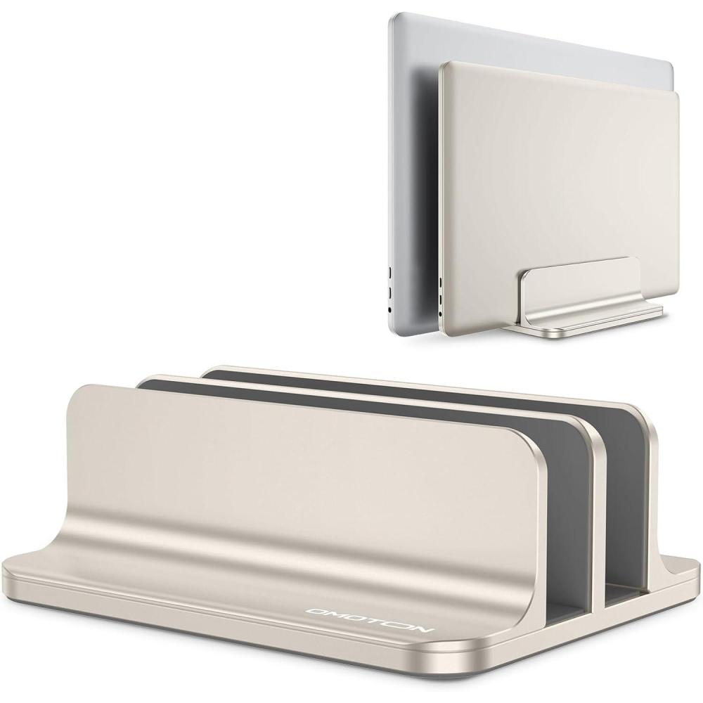 imageOMOTON Vertical Laptop Stand Updated Double Version Desktop Aluminum Mac Book Stand with Adjustable Dock Size Fits All Mac Book Surface Chrome Book and Gaming Laptops Up to 173 inch SilverStarlight