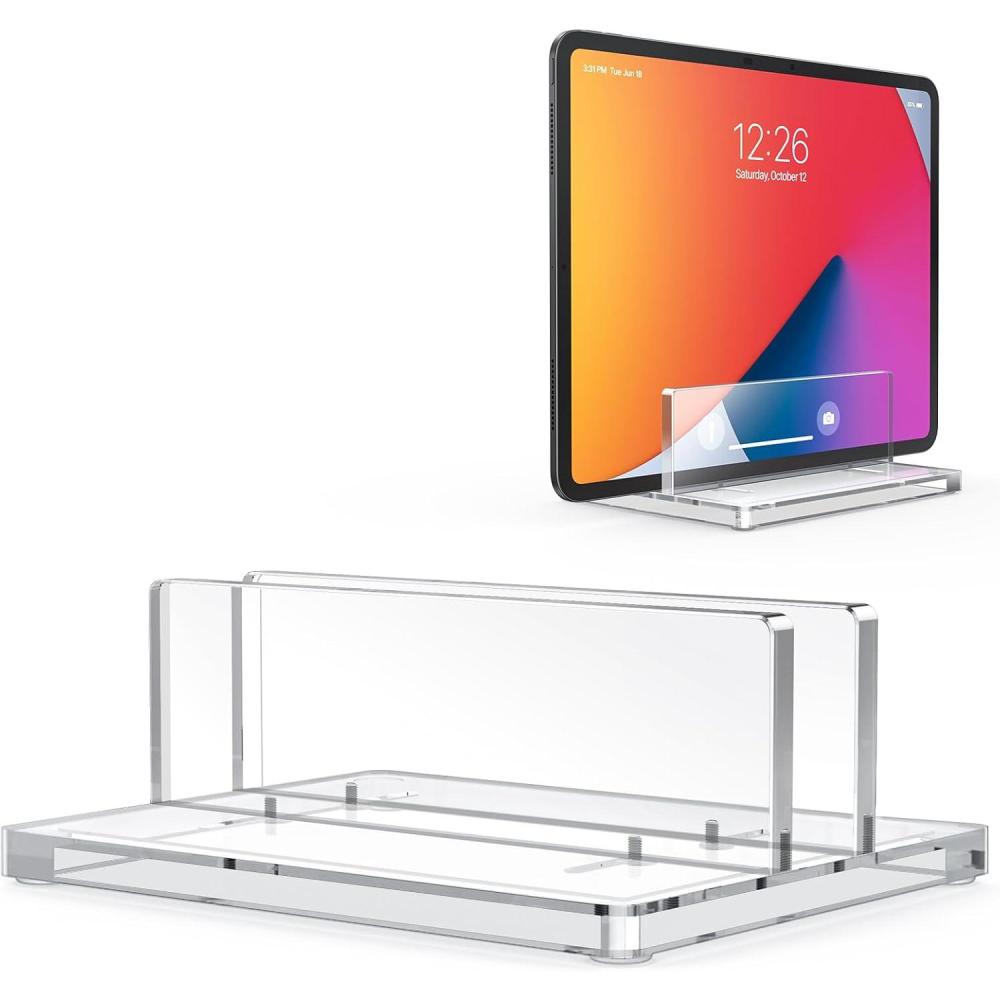 imageOMOTON Vertical Laptop Stand for Desk Acrylic Dual Laptop Holder Desktop Clear Adjustable Dock for MacBook Pro Air HP All Gaming Laptops up to 17 Clear Dual Slot1Clear