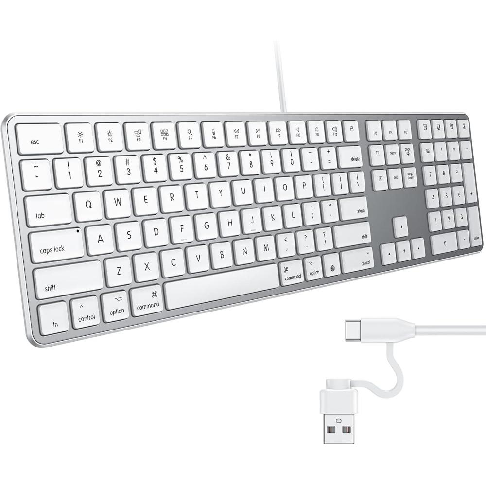 imageOMOTON Wired Keyboard Compatible with Mac Dual Interface USB and TypeC Compatible with MacBook ProAir iMac Mac miniPro Laptop FullSize Keyboard with Numeric Keypad SilverThree Zone KeyboardUS