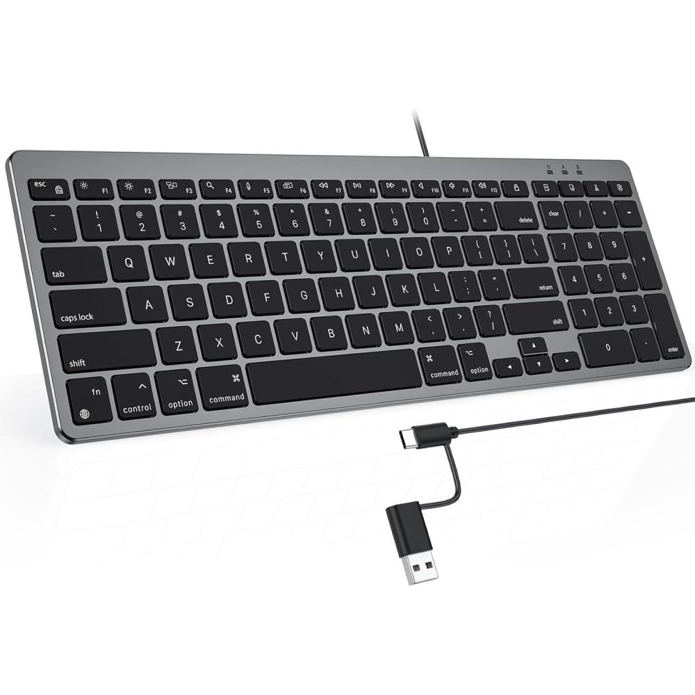 imageOMOTON Wired Keyboard Compatible with Mac with Dual Interface USB and TypeC Numeric Keypad Compatible with MacBook ProAir iMac Mac miniPro Laptop SilverGrey