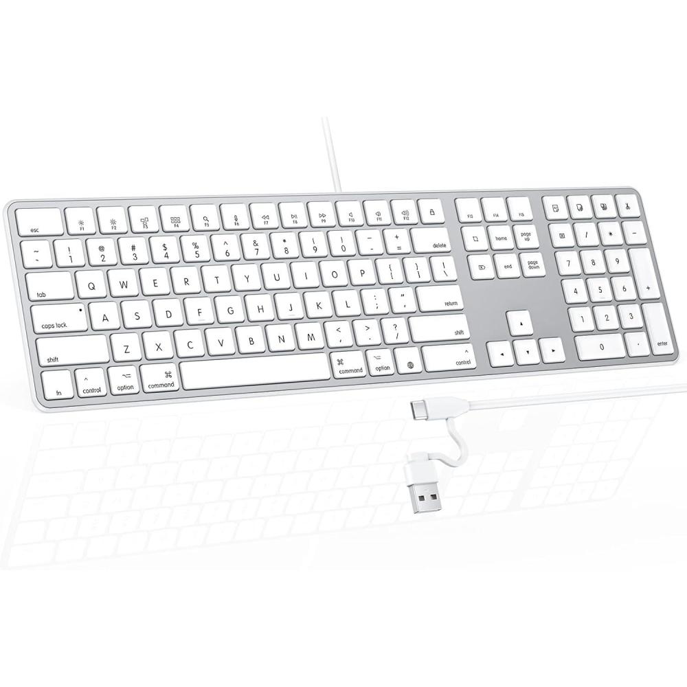 imageOMOTON Wired Keyboard for MacMacBookiMac with Dual InterfaceTypeC and USB A Full Size Keyboard Silver White
