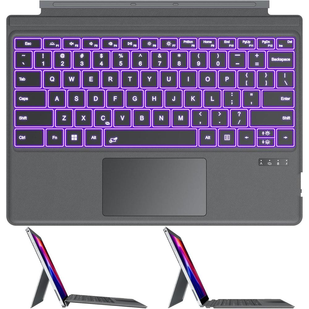 imageOMOTON Wireless Keyboard for Microsoft Surface Pro 776543 123 inch ONLY Bluetooth Connection UltraSlim Keyboard Type Cover with Touchpad 7 Colors Backlit and Rechargeable Grey
