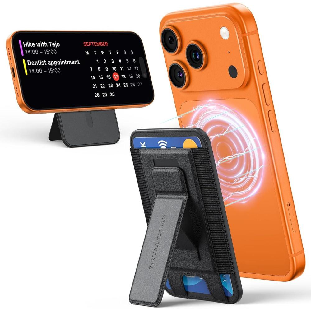 imageOMOTON for MagSafe Wallet 5 Card Holder with Kickstand Super Slim Magnetic Wallet for iPhone 171615141312 Series Leather Design Blackblack