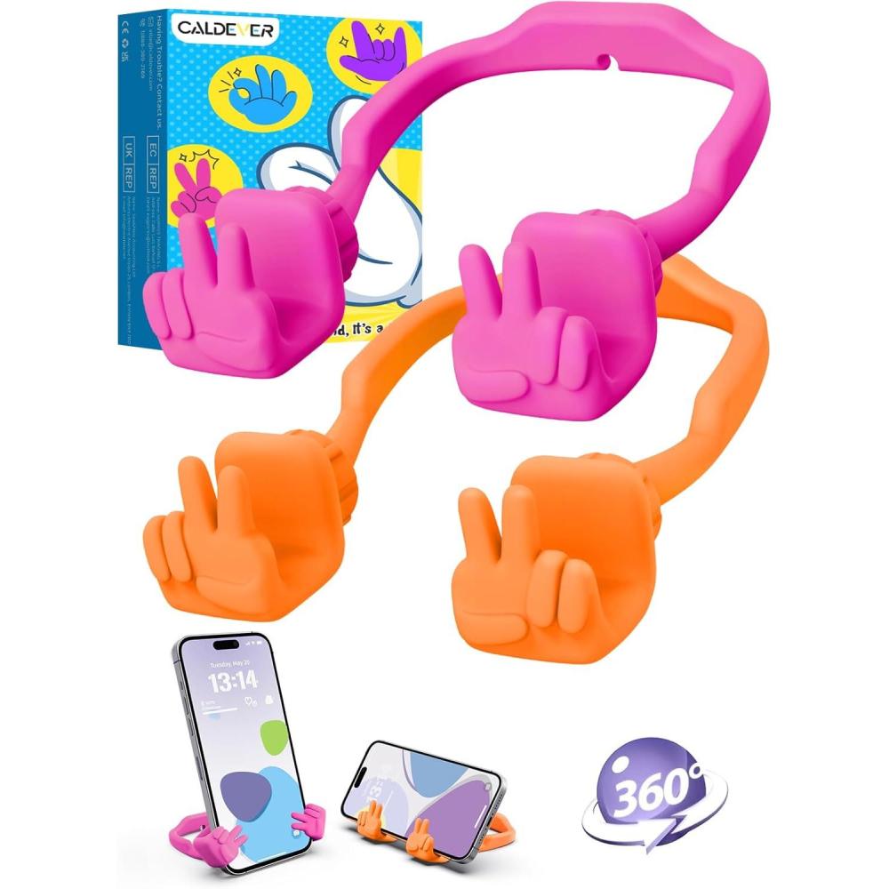 imageStocking Stuffers for Teens Boys Girls Kids Cell Phone Stand 2 Pack Upgrade Adjustable Peace Sign Thumbs Lazy Phone Holder for Desk Cool Gadgets Birthday Gifts for Women Men Adults BlackampampBlueHot PinkOrange Yellow