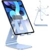OMOTON Adjustable Tablet Stand for Desk, Upgraded Longer Arms for Greater Stability, T2 Tablet Holder with Hollow Design for Bigger Sized Phones and Tablets Such as iPad Pro/Air/Mini, Silver(Blue)