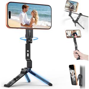 OMOTON TP03 [Ultra-Slim] for MagSafe Tripod, 360°Rotating Magnetic Phone Tripod for iPhone 17/16/15 Pro Max Air, Foldable Cell Phone Stand with 1/4″ Screw & Hook Fits Vlog, Gym, Travel Essentials