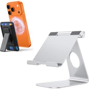 OMOTON T1 Adjustable Tablet Stand for Desk and VC09 Magsafe 5 Cards Holder Leather Wallet for Phone