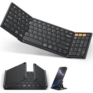 OMOTON Foldable Keyboard Supports Up to 3 Devices, Bluetooth Folding Wireless Keyboard Rechargeable with Numeric Keypad for iPad iOS Android Tablet MacOS Windows Laptop PC, Space Grey(Black-US Layout)