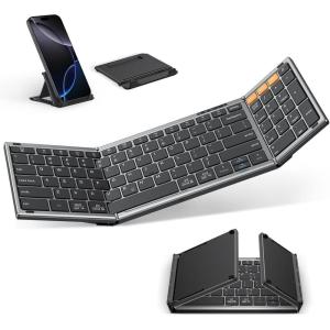 OMOTON Foldable Keyboard Supports Up to 3 Devices, Bluetooth Folding Wireless Keyboard Rechargeable with Numeric Keypad for iPad iOS Android Tablet MacOS Windows Laptop PC, Space Grey(Space Grey-US Layout)