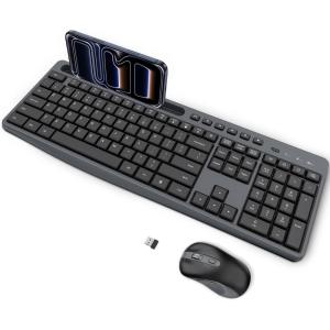 OMOTON Wireless Keyboard and Mouse Combo for Windows, 2.4GHz USB Receiver, with Phone Holder and Numeric Keypad Full-Size Keyboard for PC/Laptop/Computer, Quiet Typing & 3 DPI Adjustable, Black