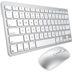 Wireless Keyboard and Mouse Combo for Mac, 14 Media Shortcuts Keyboard with Adjustable DPI Mouse, Slim & Portable Design, Stable Bluetooth Connection, Silver-White,OMOTON