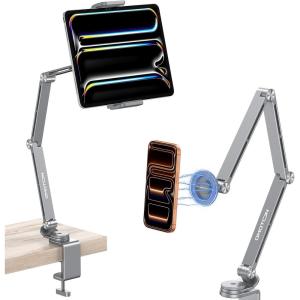 OMOTON GH04 Tablet Stand for iPad, Adjustable Aluminum Phone Holder with Magnetic Head & Plastic Clamp, 360° Rotation Bed Mount Compatible with 4-13″ Devices