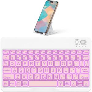 OMOTON Large Print Bluetooth Keyboard for iPad iPhone Windows Tablets – 7 – Color Backlit with Enlarged Keycaps, Rechargeable Wireless Keyboard for iPad 10th/9/8/7, iPad Pro Air Mini etc (Pink)