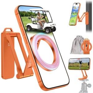 OMOTON CV08 Magnetic Golf Cart Phone Mount with [1/4” Screw + 5.6” Extendable Arm], 360° Rotatable Holder, Strong Magnets for iPhone & Samsung, Fits EZ-GO/Club Car, Includes Pouch & Strap (Orange)